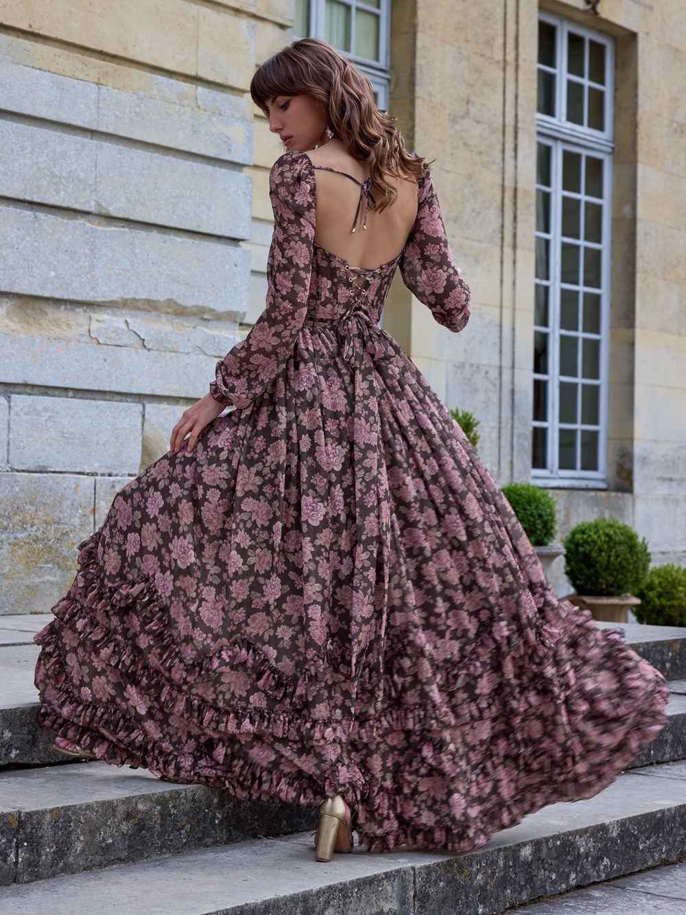 NWT V. Chapman Carmella Corset Maxi Dress Chocolate Peony Floral - Picture 5 of 11